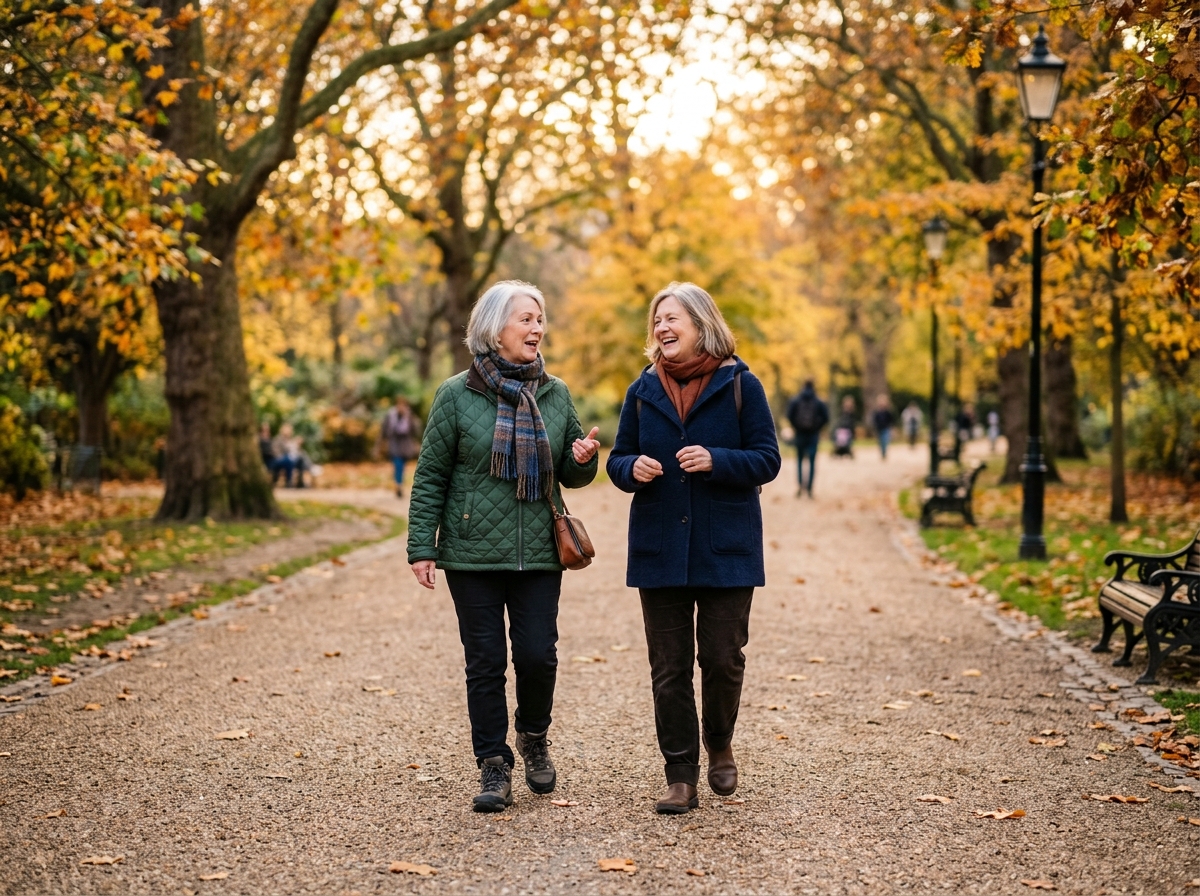 Persoane active mergând relaxat pe o alee din parc